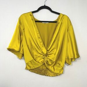 Gold Satin Twist Front Kimono Sleeve Blouse M Smocked Waist Quiet Luxury Elegant